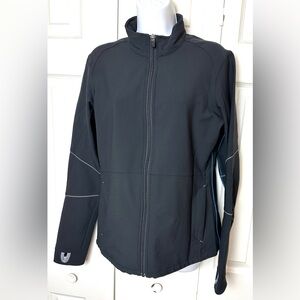 AETHER Soft Shell Black Jacket Coat Blue Stripe Piping Detail Zip Pockets Thumb